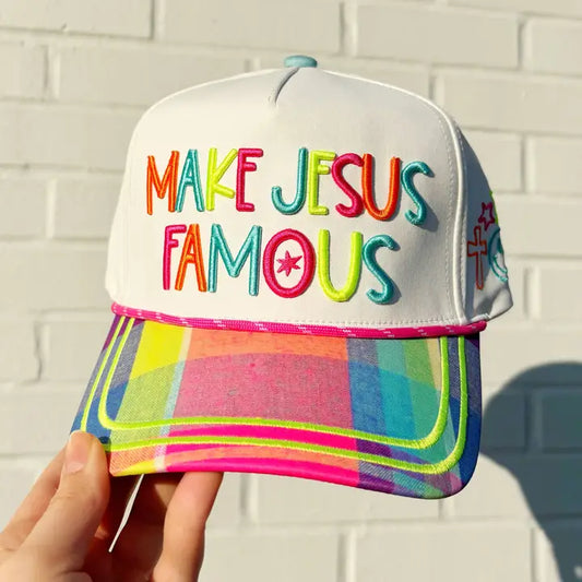Make Jesus Famous Trucker Hat in Plaid