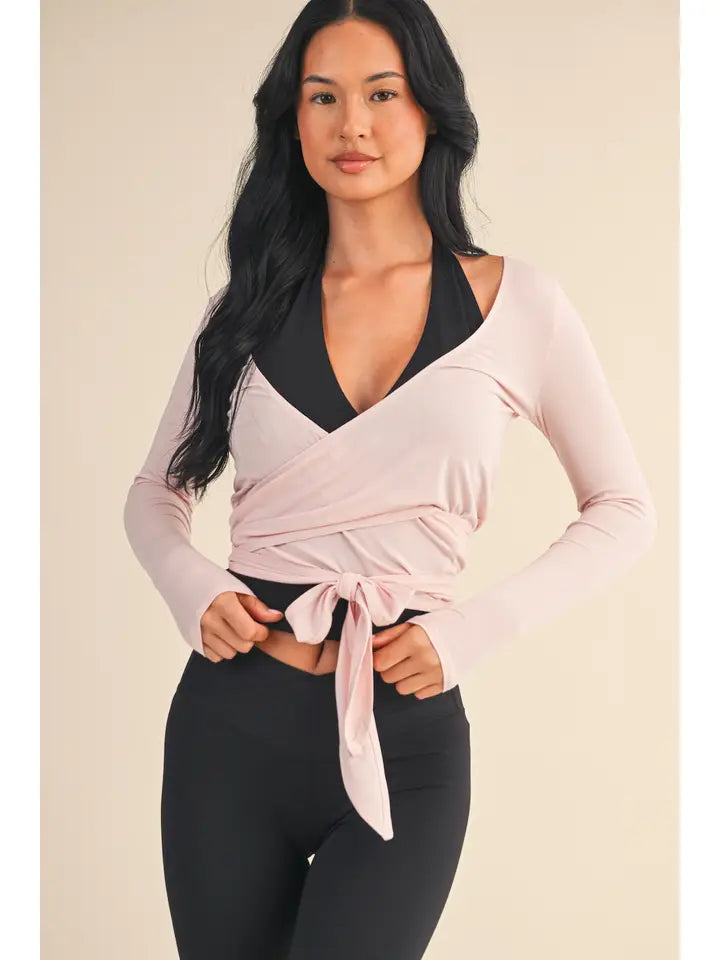 Long Sleeve Wrap Top in Pink