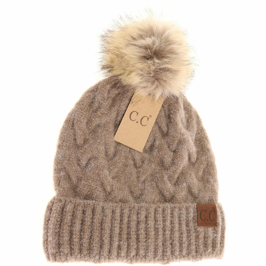 Chunky Braided Cable Knit Beanie in Taupe