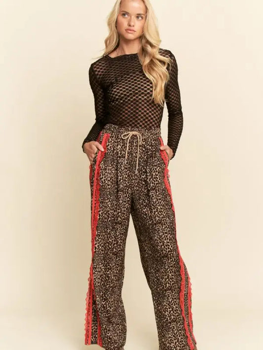 Mazie Leopard Pants with Red Lace