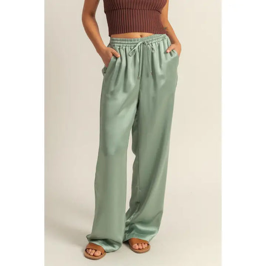 Satin Drawstring Pant in Sage