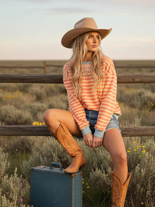Charlotte Striped Crew neck in Coral/ Yellow