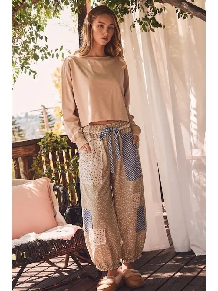 Ashlyn Patchwork Pants in Light Taupe