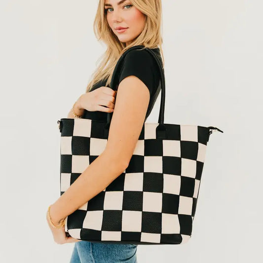 Courtney Checkered Tote in Black