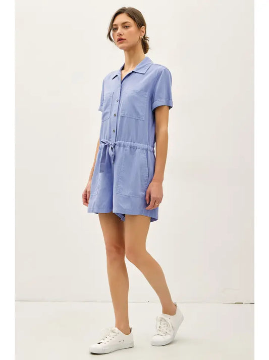 Alaina Drawstring Romper in Blue
