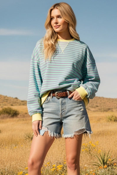 Charlotte Striped Crew neck in Mint/Lime