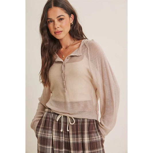 Henley Sweater Top in Beige