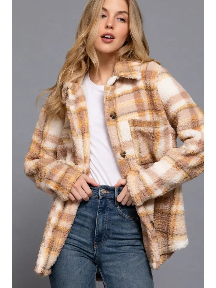 Mavery Plaid Shacket in Beige