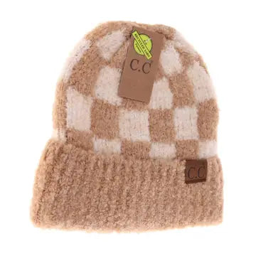 Checkered Beanie in Beige/Camel