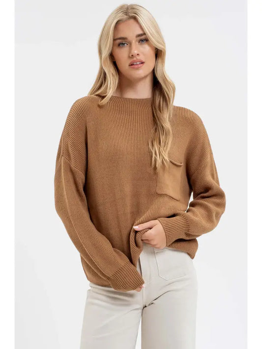 Kleena Long Sleeve Pocket Sweater in Brown