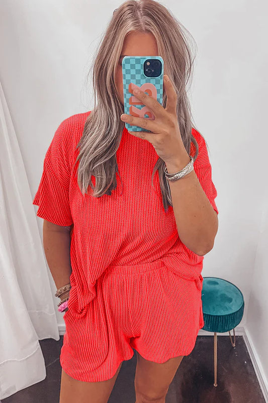 Ribbed Short Set in Coral