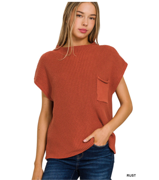 Chelsea Ribbed Knit Pocket Sweater in Rust