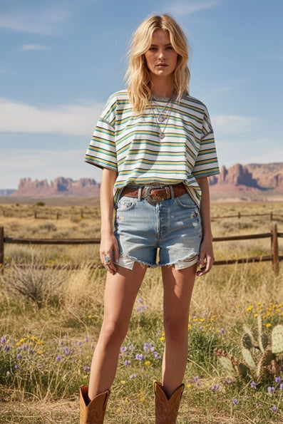 Mayvin Striped Boxy Tee in Ivory Combo