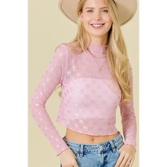 Bow Print Mesh Top in Pink