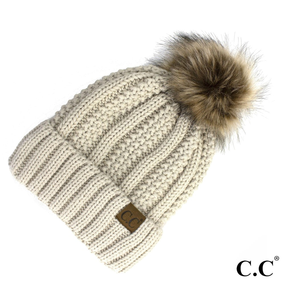 C.C. Ribbed Knit Beanie with Pom