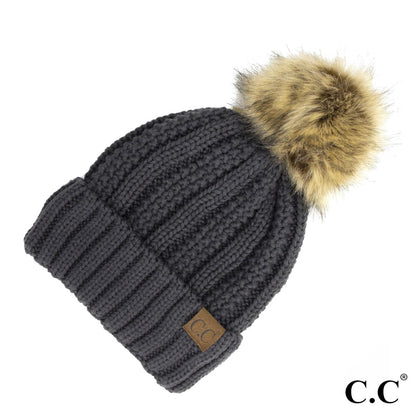 C.C. Ribbed Knit Beanie with Pom