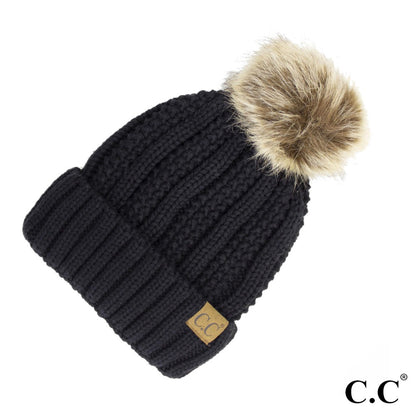 C.C. Ribbed Knit Beanie with Pom