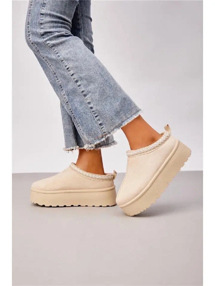 Faux Fur Lined Platform Slippers in Khaki