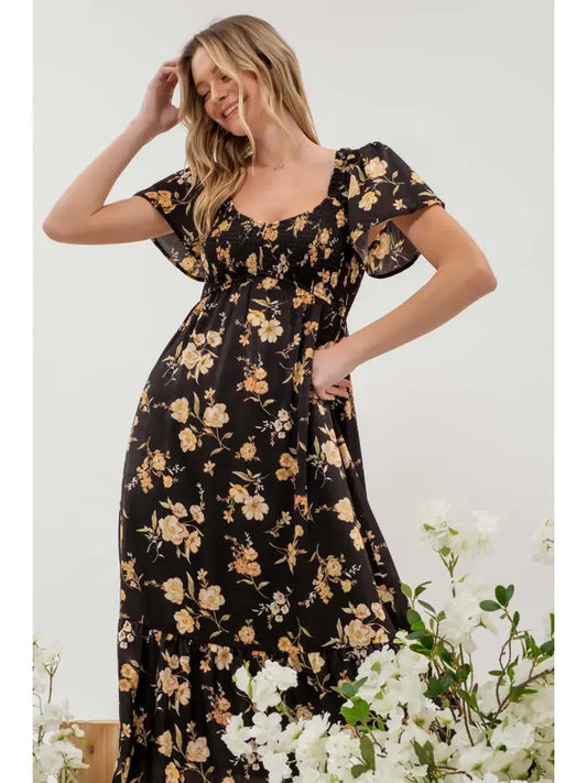 Floral Midi Dress in Black