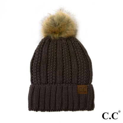 C.C. Ribbed Knit Beanie with Pom