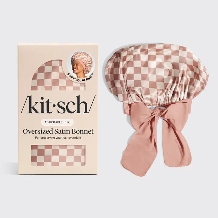 Kitsch Oversized Satin Bonnet in Terracotta Checker