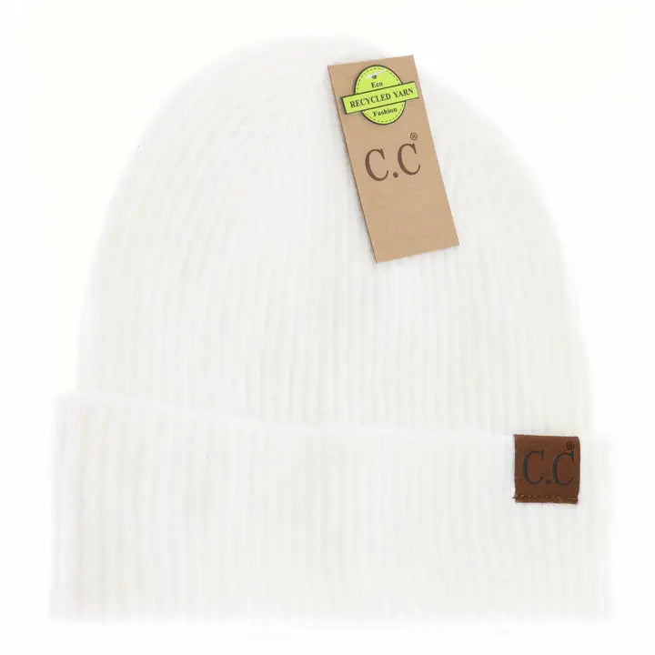 Soft Ribbed Cuffed Beanie in Ivory