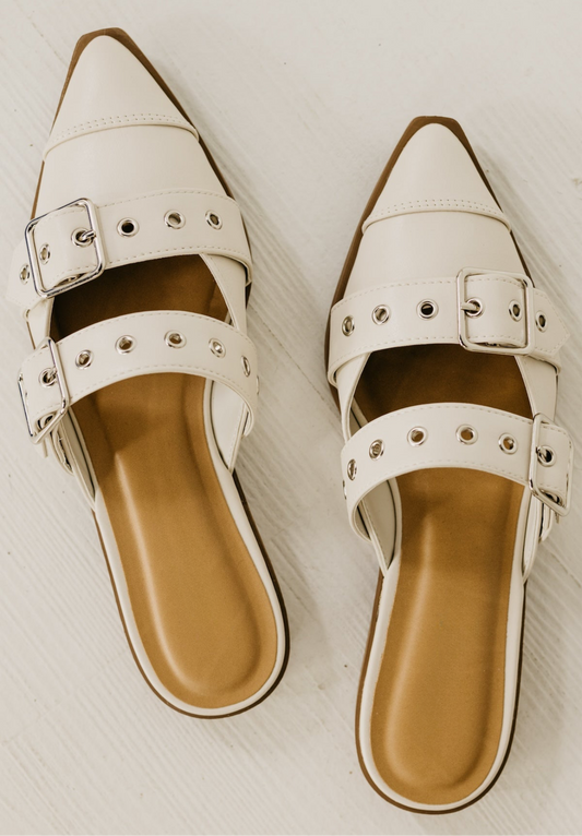 Double Strap Mule Flats in Ivory