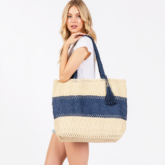 Woven Beach Tote in Navy