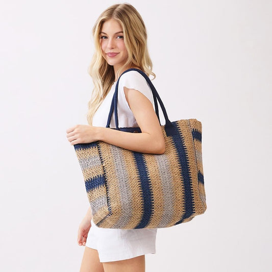 Beach Tote Bag with Navy Stripes