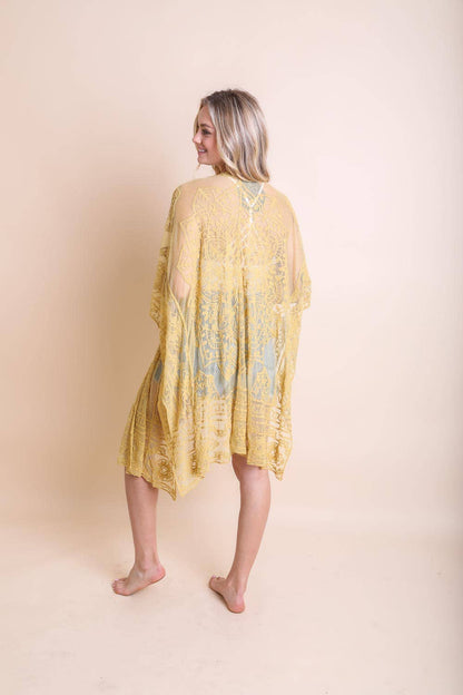 Floral Mandala Embroidered Mesh Kimono in Mustard