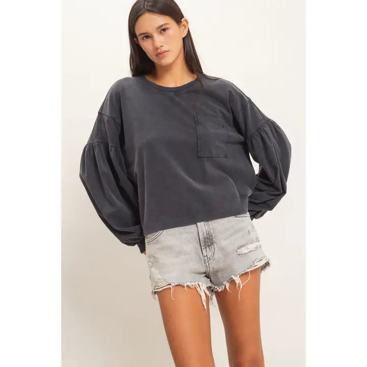 Katie Mineral Wash Puff Sleeve Top in Black