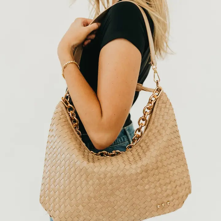Slouchy Woven Shoulder Bag in Taupe