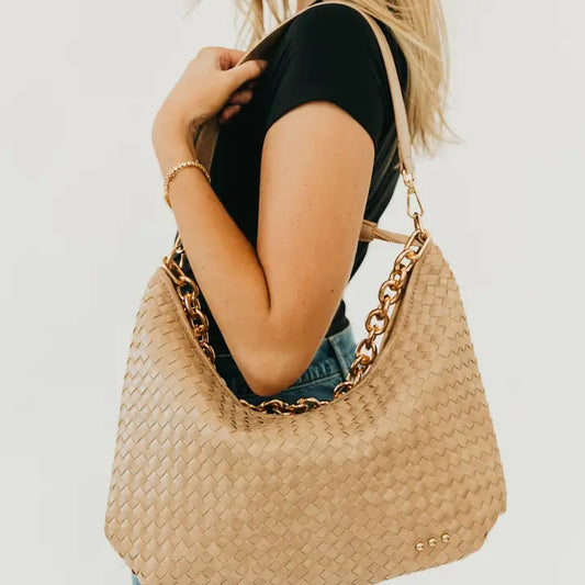 Slouchy Woven Shoulder Bag in Taupe