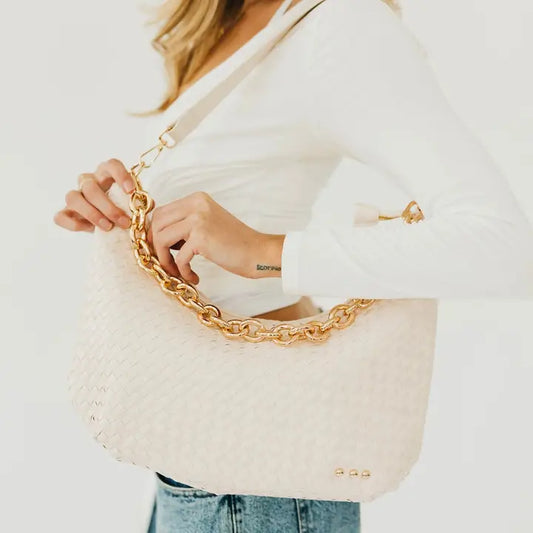Slouchy Woven Shoulder Bag in Cream
