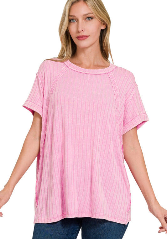 Emily Acid Wash Ribbed Top in Candy Pink