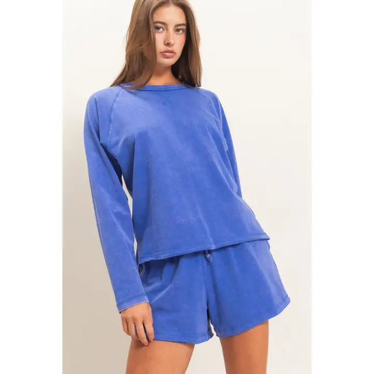 Mineral Wash Long Sleeve Set in Cobalt