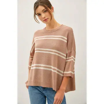 Drop Shoulder Striped Sweater Top TAUPE