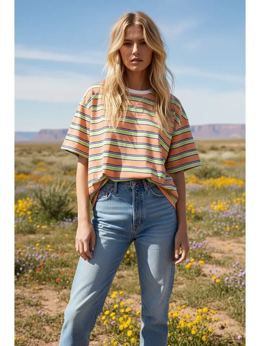 Mayvin Striped Boxy Tee in Apricot