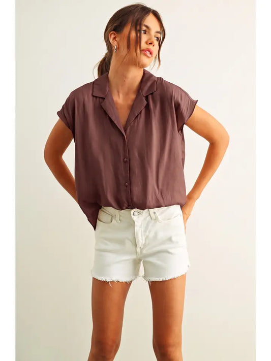 Palmer Button Down Top in Red Bean