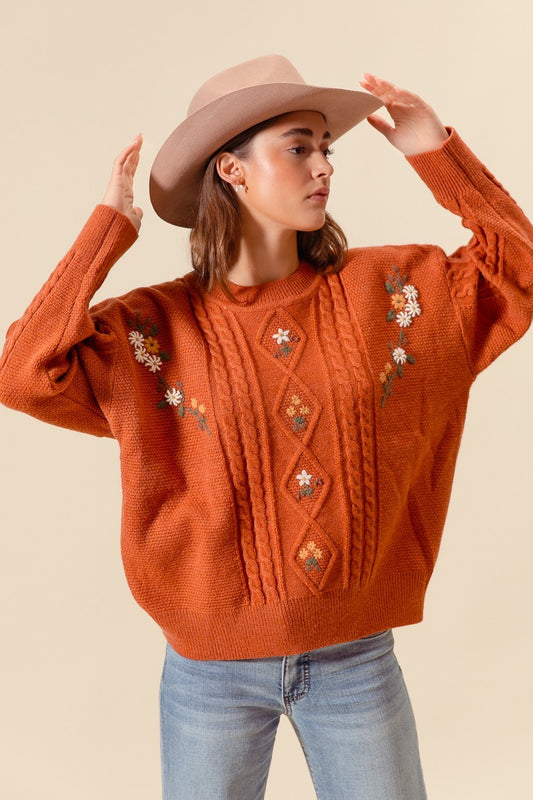 Emmie Embroidered Cable Knit Sweater