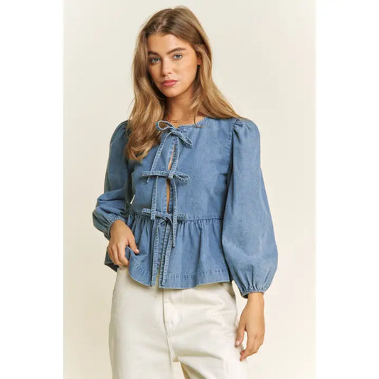 Denim Tie Front Blouse
