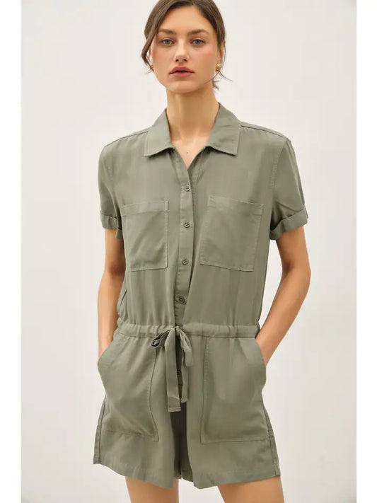 Alaina Drawstring Romper in Olive