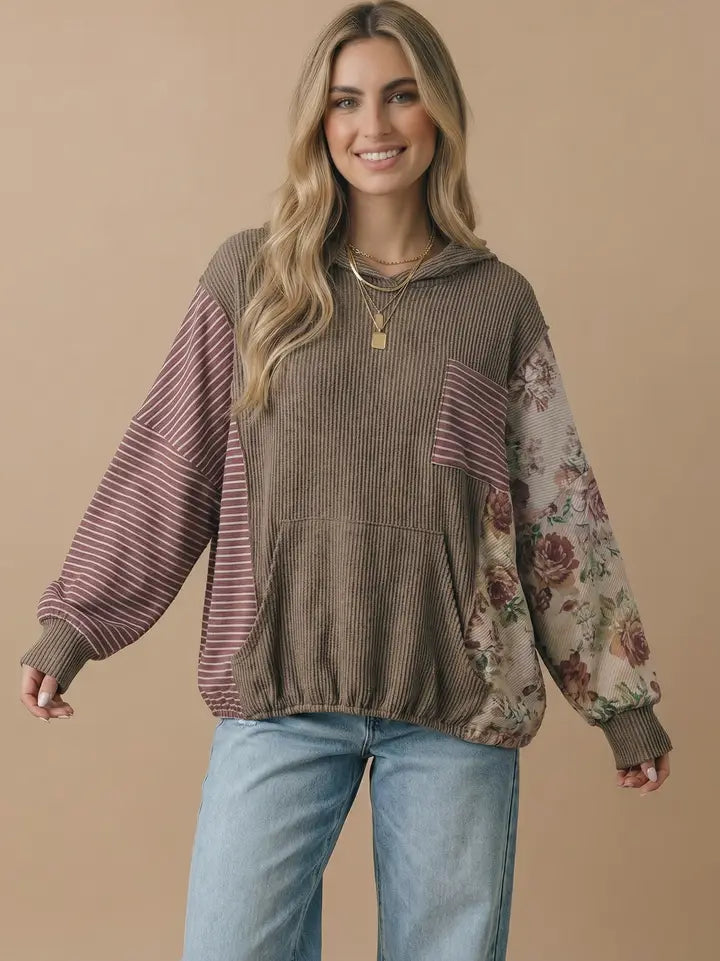Patchwork Hoodie in Mocha