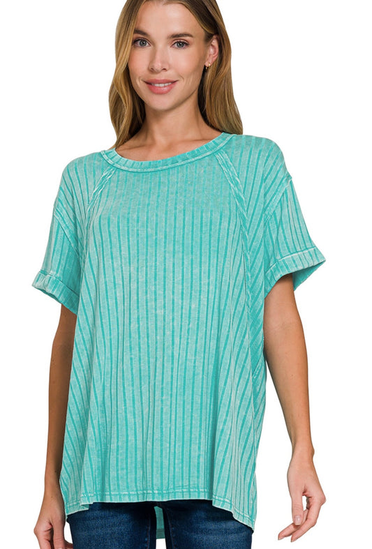 Emily Acid Wash Ribbed Top in Turquoise