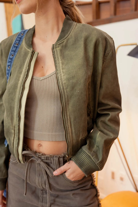 Colored Denim Bomber Jacket in Olive