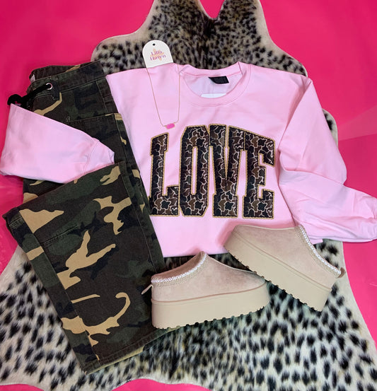 Camo Love on Pink Crew