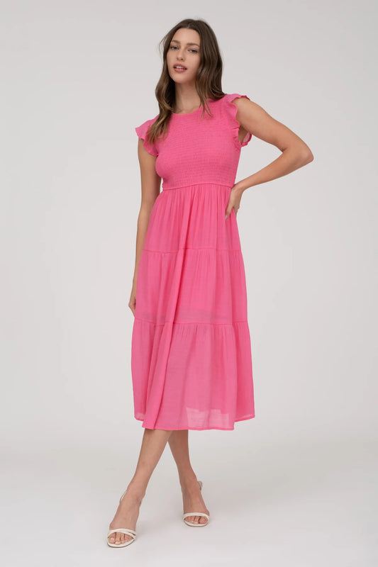 Smocked Midi Dress in Pink