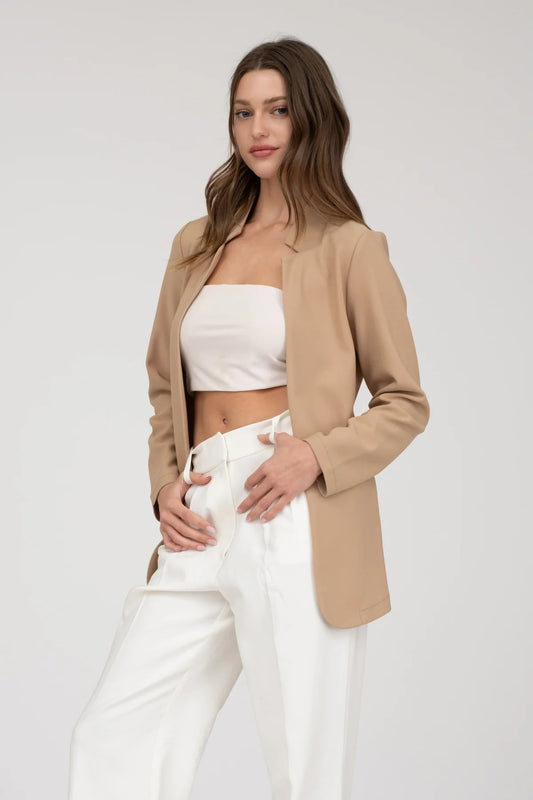 Notch Collar Long Sleeve Blazer in Khaki