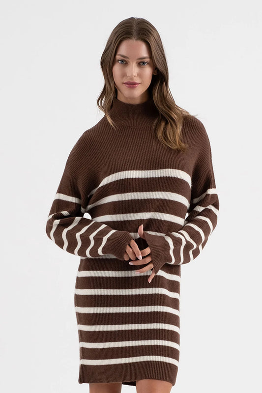 Striped Brown Long Sleeve Knit Dress