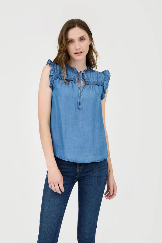 Ruffle Sleeve Chambray Top